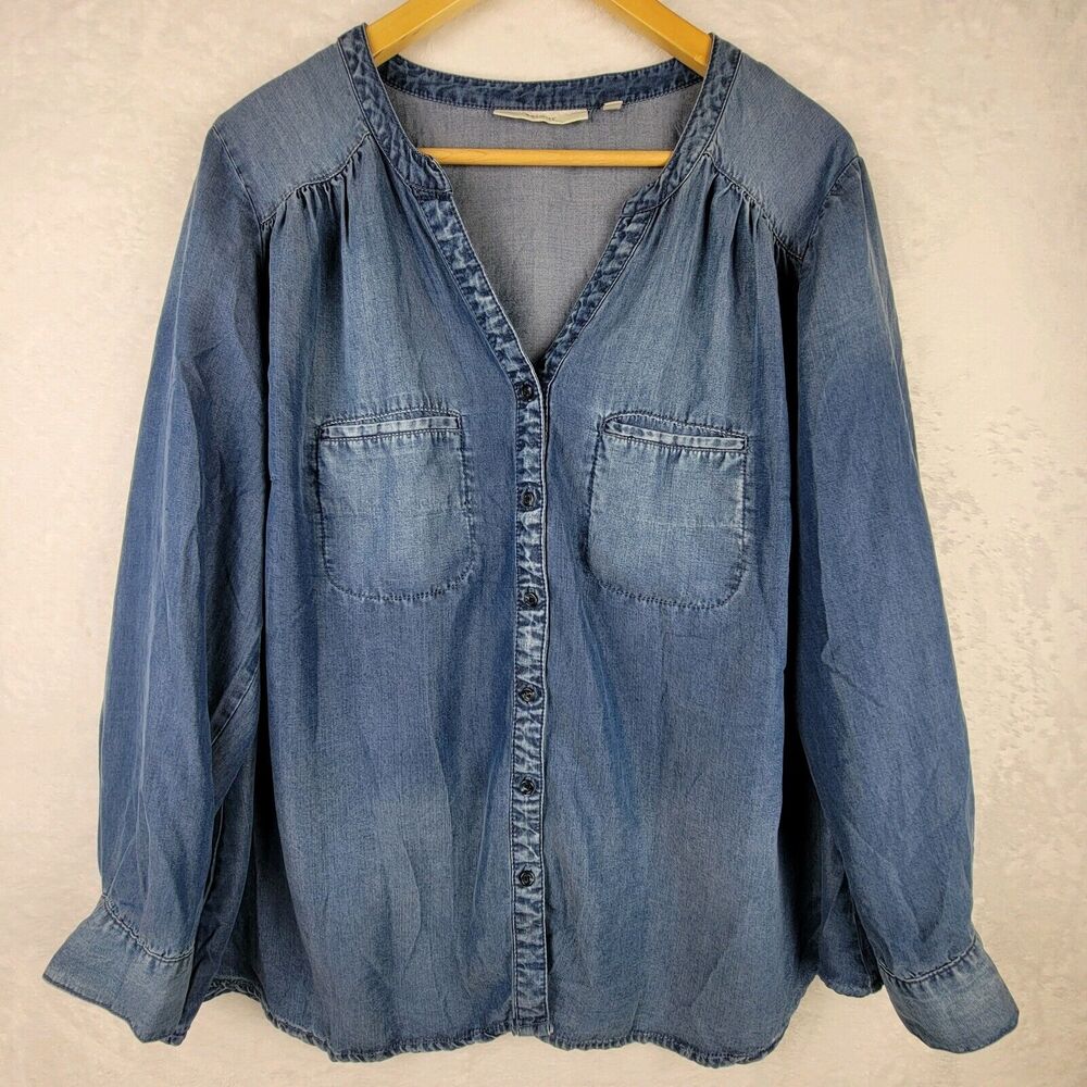 Sejour Denim Top Womens Sz 18W V Neck Long Sleeve Button Chambray Blouse Casual